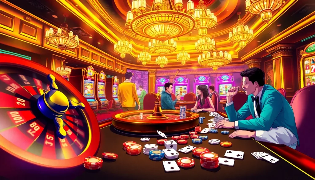 Exciting poker game scene at xin88 casino with vibrant chips and cards.