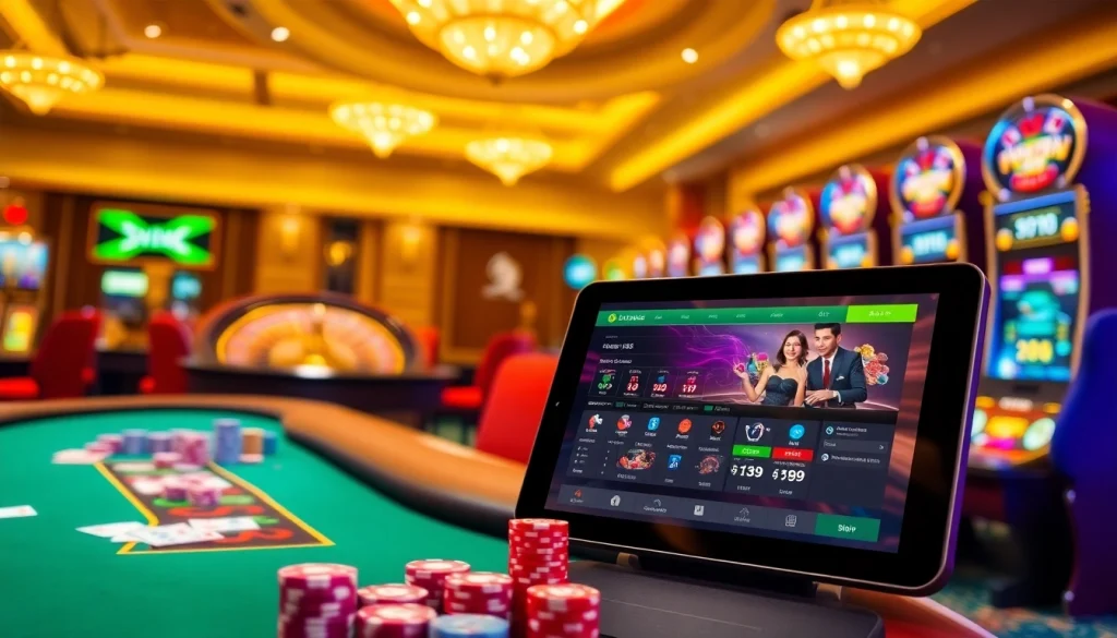 Exciting betting action at nhà cái SV388 with vibrant poker tables and a roulette wheel.