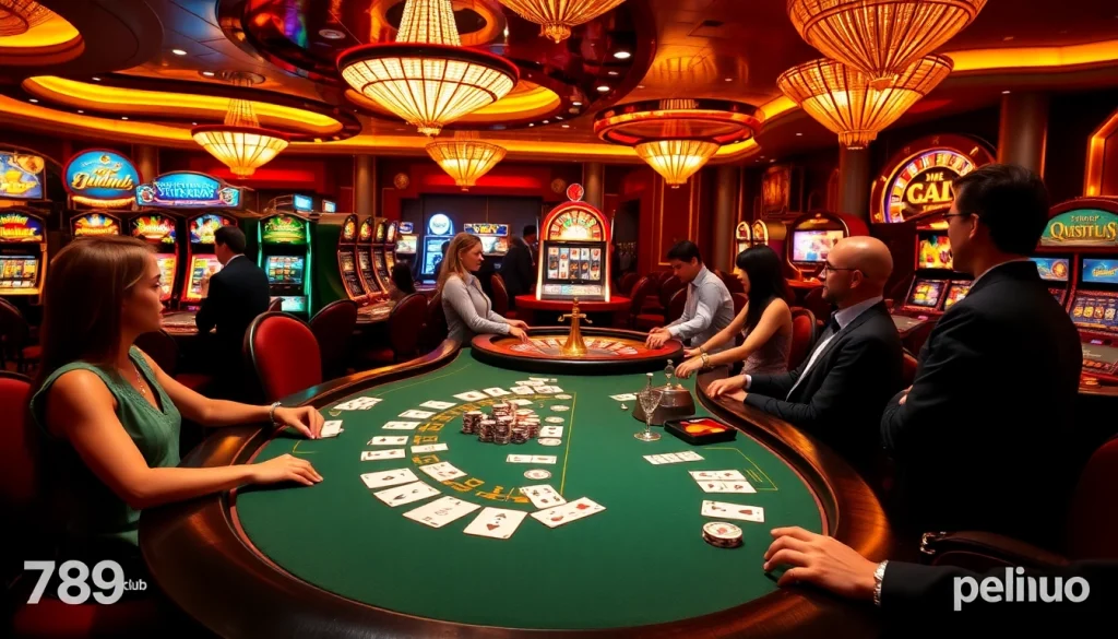 Players enjoying an exciting game at 789club casino with vibrant slot machines and elegant tables.