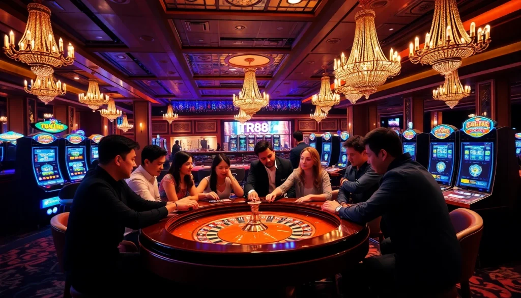 Exciting gambling scene featuring players at the casino with TR88 connected elements.