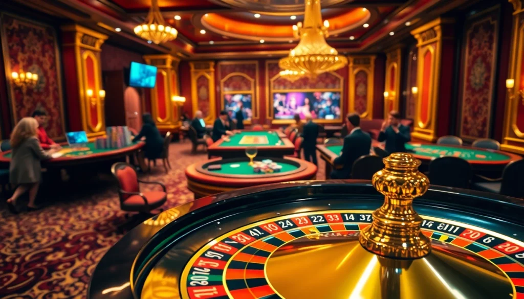 Experience the thrill of gambling at home vvjl with a vibrant casino scene showcasing roulette and poker.
