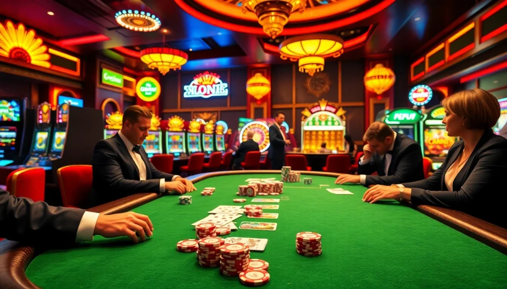 Players engaging in a high-stakes poker game at a luxurious casino featuring PG99 elements.