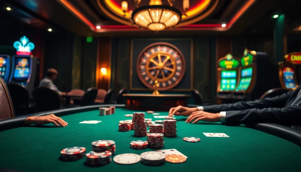 Engaging scene showcasing players at a poker table with the luxury atmosphere of Fb88 casino.