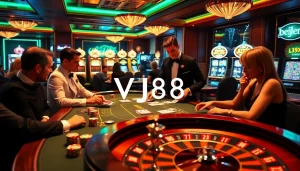 Experience high-stakes gambling at VJ88 casino with luxurious poker tables and vibrant slot machines.