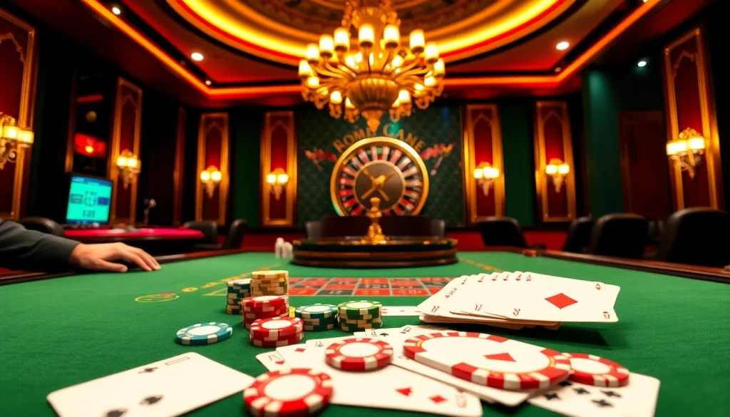 Experience the thrill of VJ88 as players engage with vibrant poker chips and elegant casino décor.