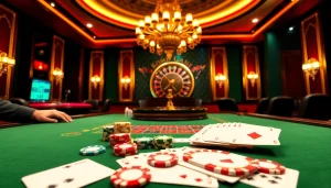 Experience the thrill of VJ88 as players engage with vibrant poker chips and elegant casino décor.