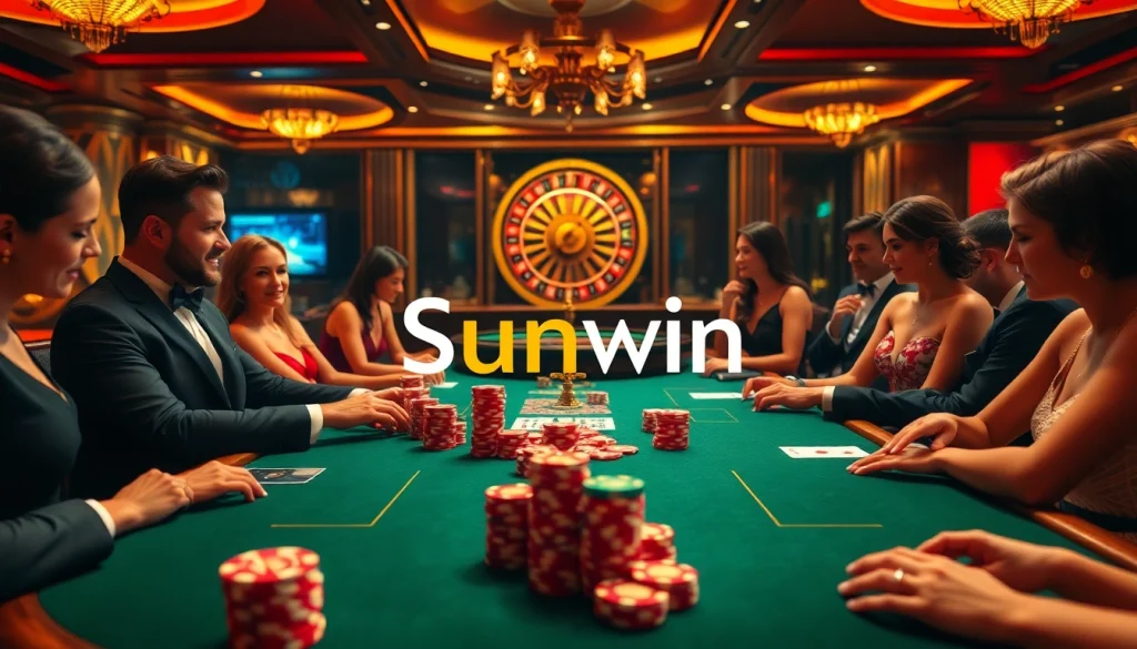 Sunwin poker chips stack amidst a vibrant casino scene with players engaged in exciting gameplay.
