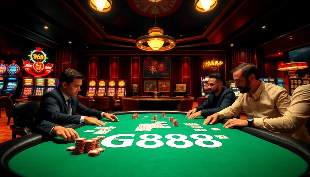 Experience the thrill of g88 high-stakes poker with vibrant chips and cards in a luxurious casino setting.