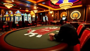 Players betting at a poker table highlighted with OK365 branding and vibrant casino elements.