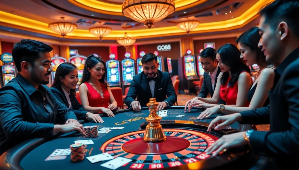 GO88 players enjoying an exciting game at a luxurious casino table.