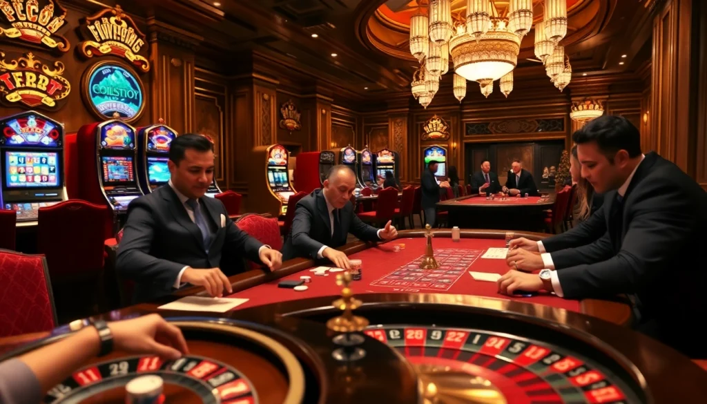 A thrilling poker scene at the alo789 casino showcasing players in action with vibrant slot machines.