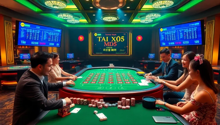 Tài Xỉu MD5 game interface showcasing players placing bets on a casino table with dice and betting slips.