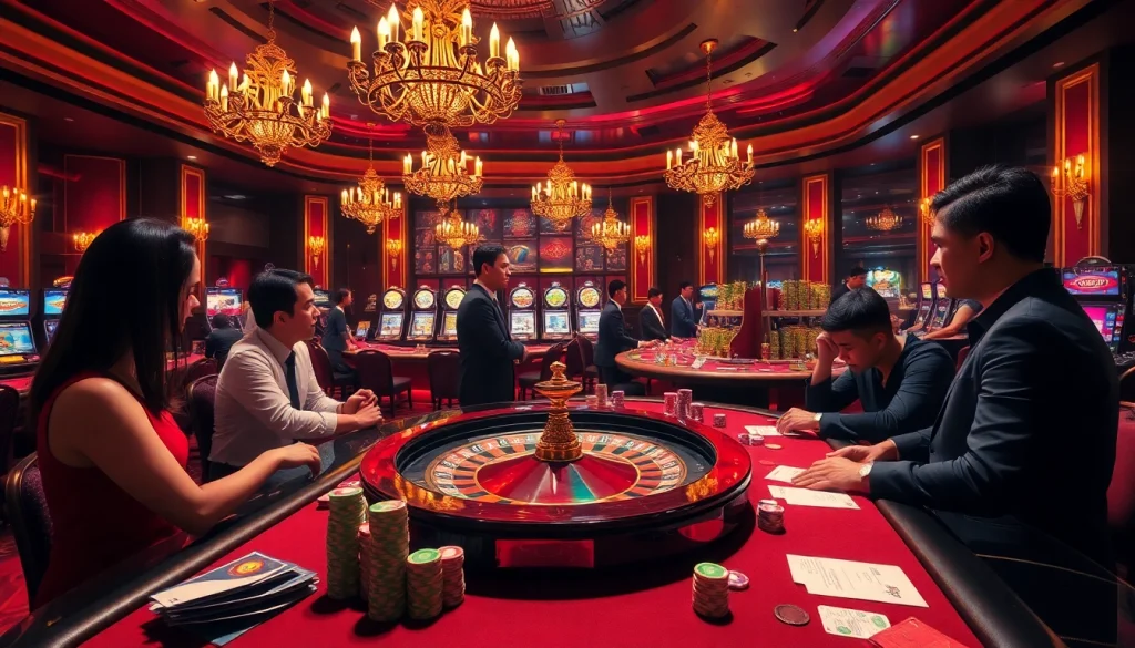 Exciting RR88 casino scene with roulette wheel, poker chips, and players at the table.