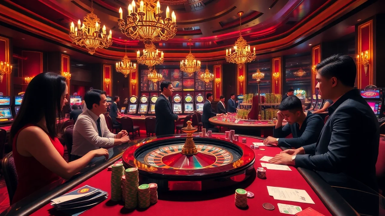 Exciting RR88 casino scene with roulette wheel, poker chips, and players at the table.
