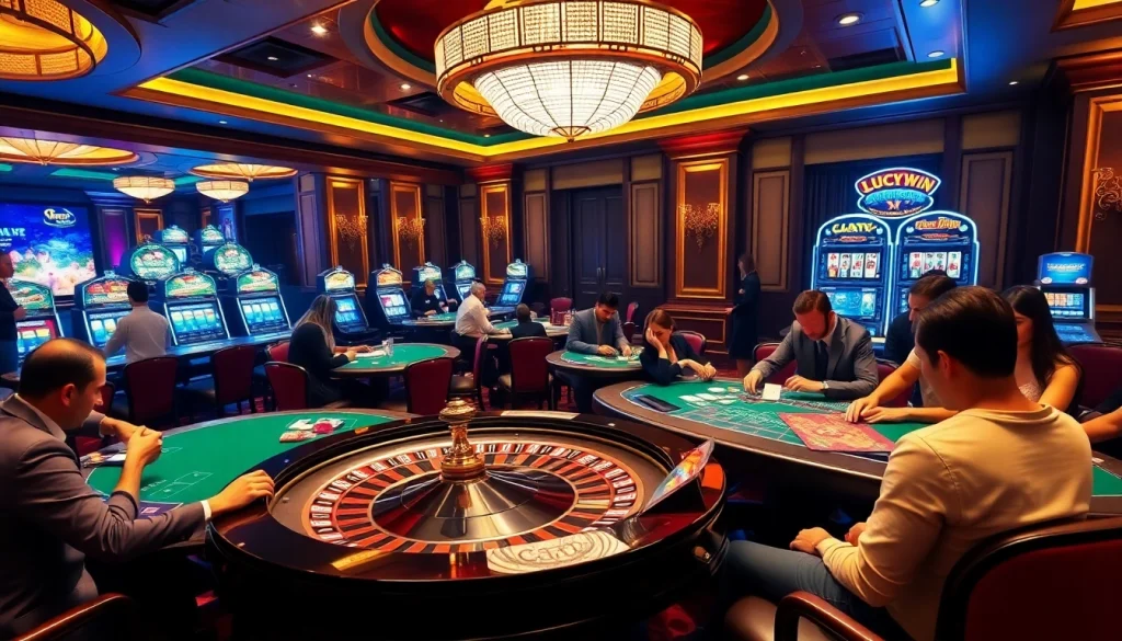 Luckywin players enjoying a thrilling casino experience with poker, roulette, and dice games.