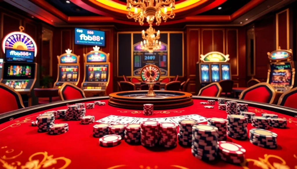 Experience high-stakes excitement at fb88 with poker chips and roulette wheels in a luxurious casino setup.