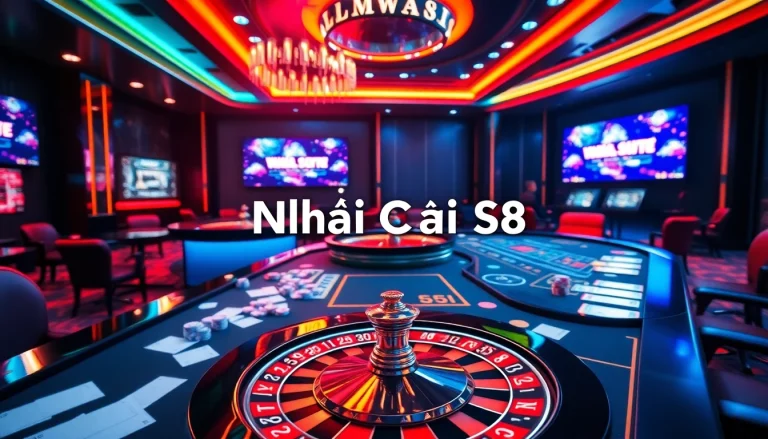 Exciting gambling scene at Nhà Cái S8 featuring poker chips and a roulette wheel.