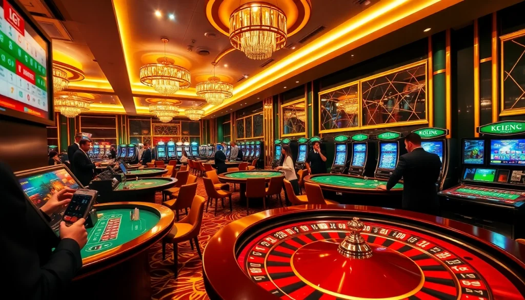 KJC casino scene featuring players at roulette and poker tables amidst a luxurious atmosphere.