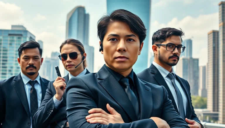 Executive protection team showcasing vigilance and professionalism in a bustling city setting.
