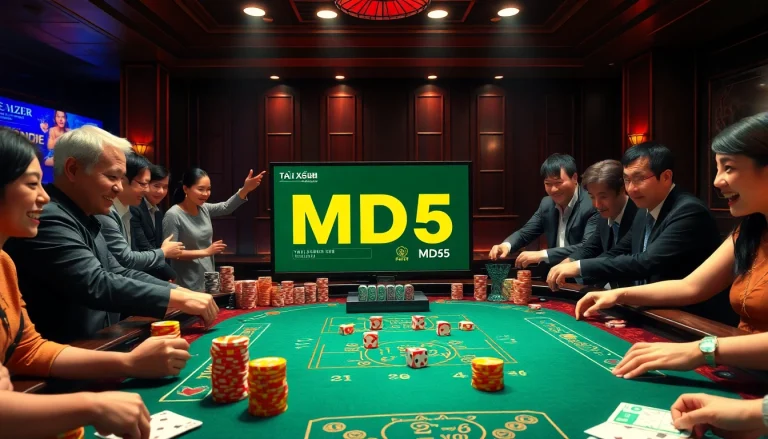Players enjoying Tài Xỉu MD5 at a vibrant casino table, showcasing thrilling gameplay and professionalism.