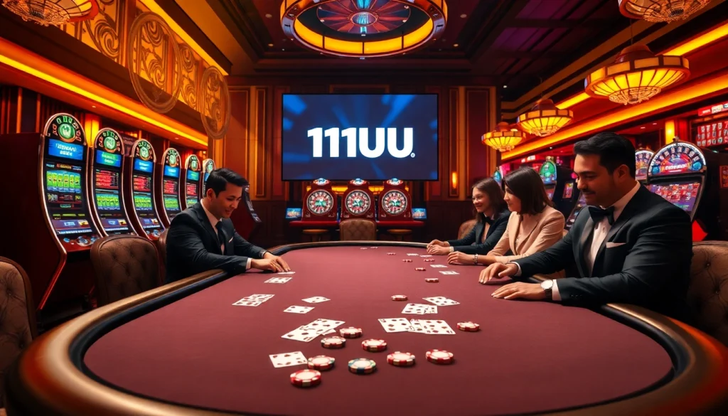 Players enjoying a thrilling poker game at 11UU's luxurious casino, surrounded by colorful slot machines.