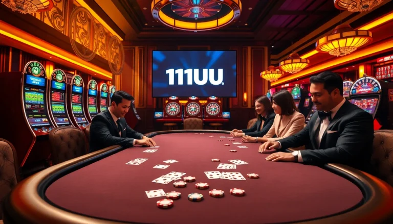 Players enjoying a thrilling poker game at 11UU's luxurious casino, surrounded by colorful slot machines.