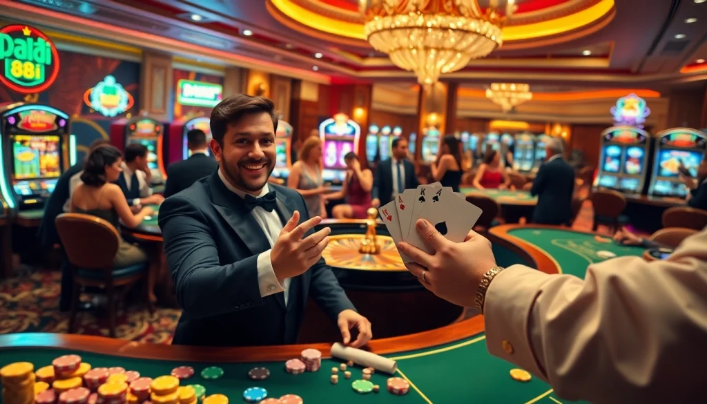 Celebrate victories at the casino with 88i-themed poker chips and vibrant gaming tables.