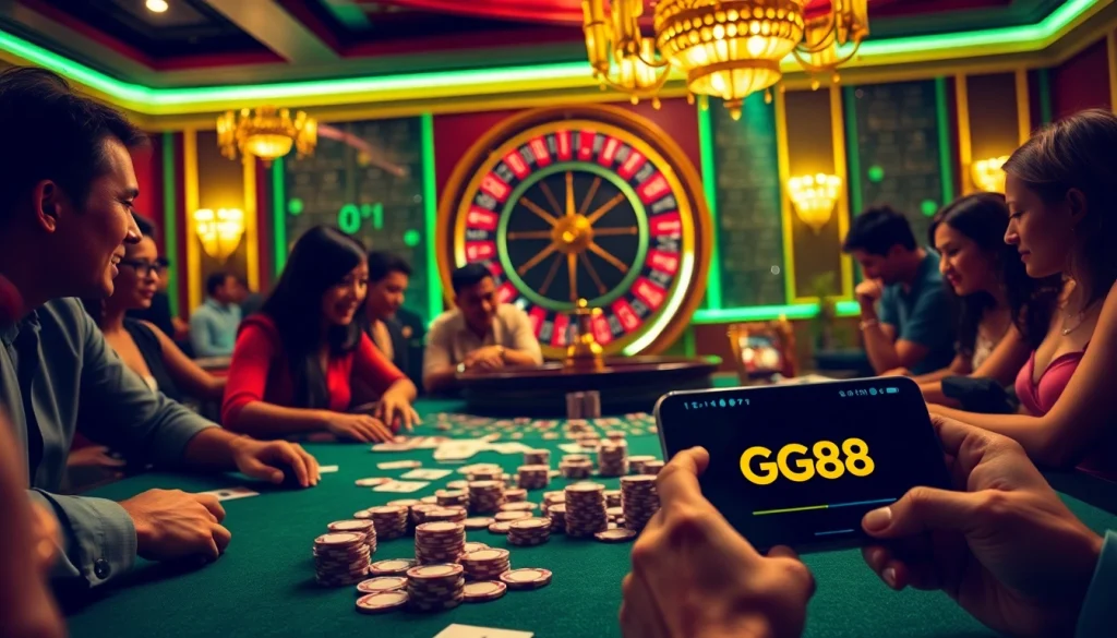 Players enjoying high-stakes gaming at GG88 with cards and chips in a luxurious casino setting.