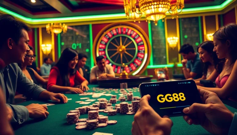 Players enjoying high-stakes gaming at GG88 with cards and chips in a luxurious casino setting.