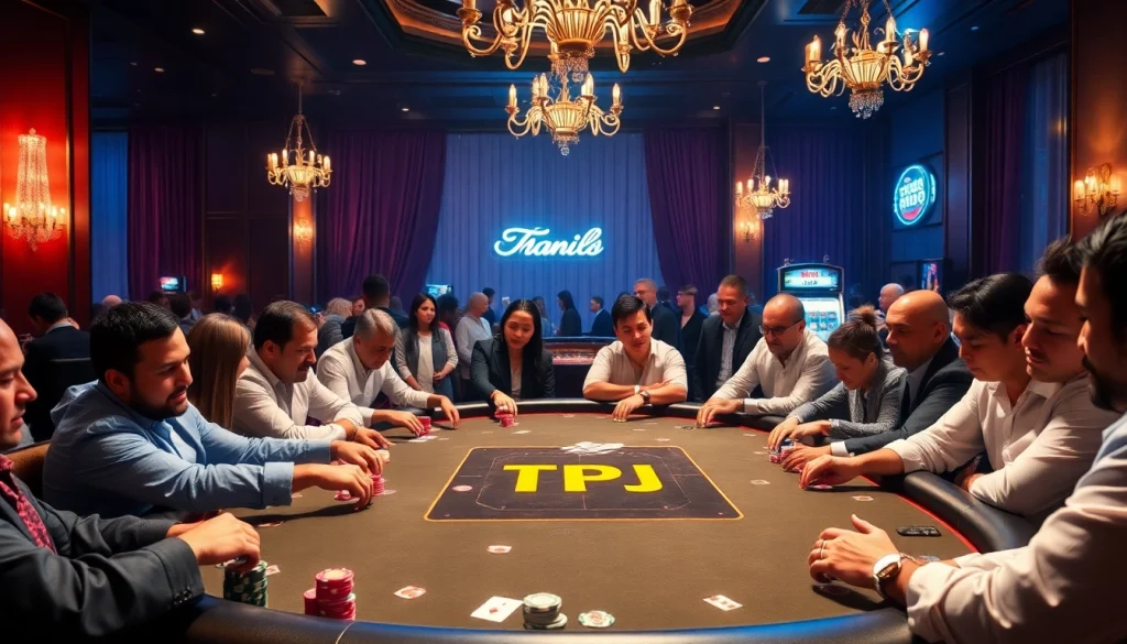 Players enjoying a TPJ poker table in a luxurious casino setting, full of excitement and anticipation.