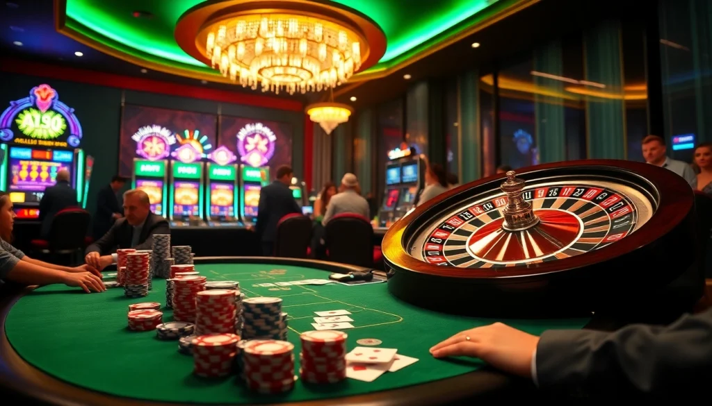 Experience the thrill of OKFUN casino with vibrant slot machines and an intense poker game.