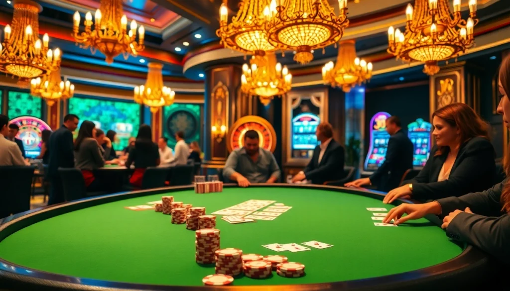 Players enjoying a thrilling game at the J8 poker table in a luxurious casino.