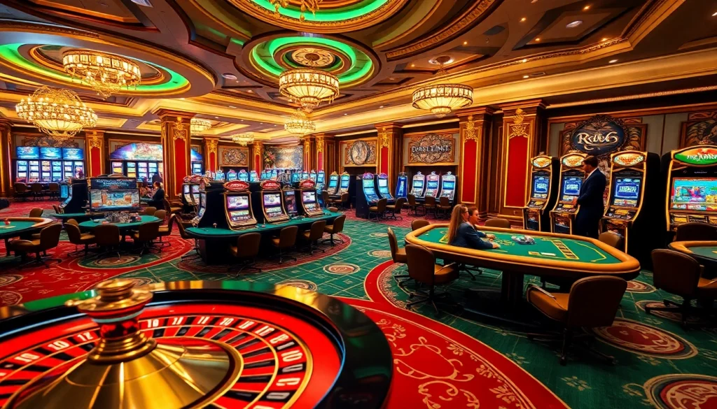 RR88 casino scene featuring players in action at poker tables and vibrant slot machines.