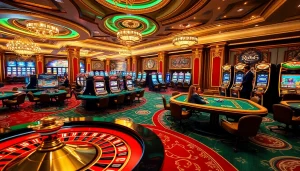 RR88 casino scene featuring players in action at poker tables and vibrant slot machines.