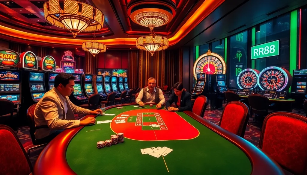 Experience thrilling gaming at https://rr88me.com/ with players engaged at a poker table in a vibrant casino.