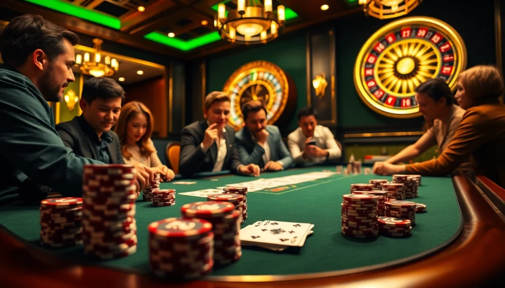 Exciting poker game scene at a casino table featuring nh88 chips and cards.