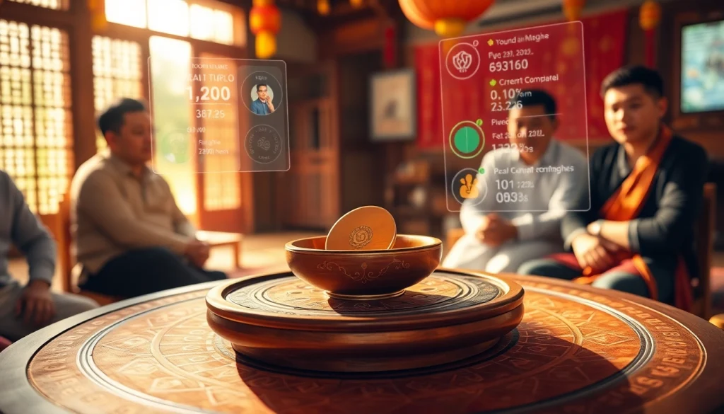 Xóc đĩa game setting with a wooden bowl and vibrant colors, symbolizing luck and tradition.