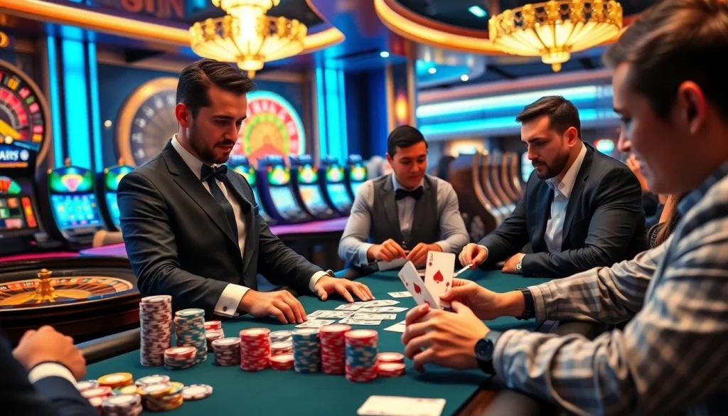 Players strategizing at a BDJL poker table, with vibrant chips and cards.