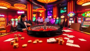 VJ88 table with vibrant poker chips and a roulette wheel spinning in an upscale casino setting.