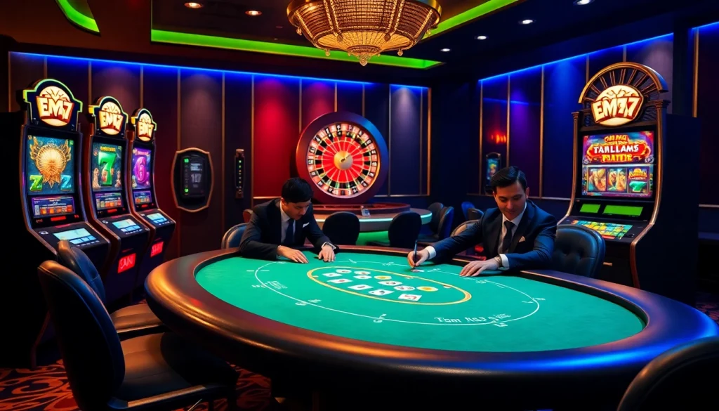 Experience thrilling gameplay at EM777's casino with vibrant slot machines and poker action.
