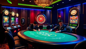 Experience thrilling gameplay at EM777's casino with vibrant slot machines and poker action.