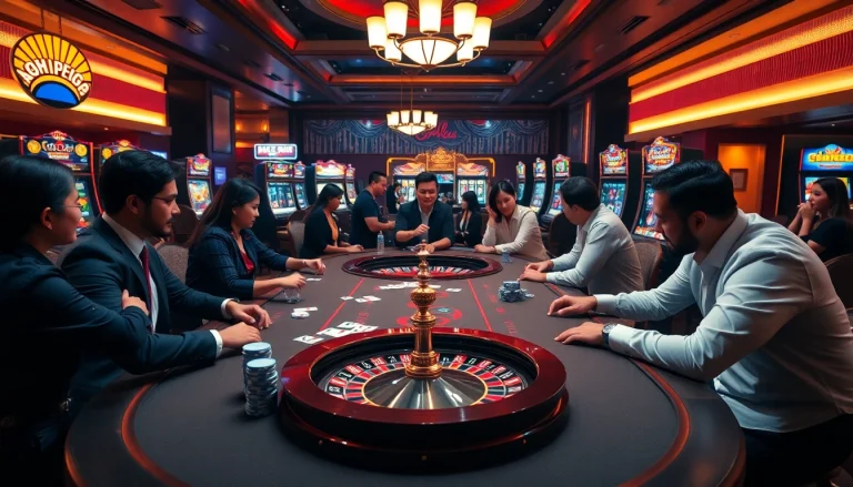 Engaging players at a vibrant Luckywin88 casino table with colorful poker chips and cards.