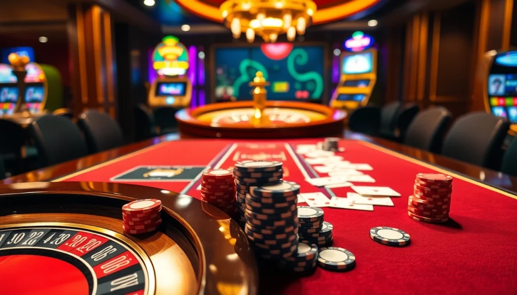 Experience thrill at https://f168.blue/ with a vibrant poker table and roulette wheel.