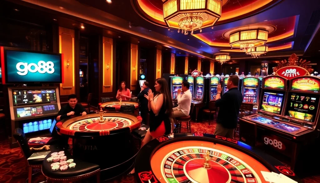 Exciting gambling scene featuring go88 logo, roulette table, and slot machines in a vibrant casino setting.