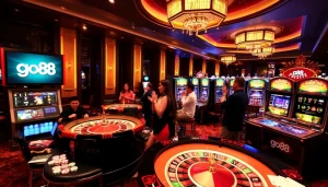 Exciting gambling scene featuring go88 logo, roulette table, and slot machines in a vibrant casino setting.