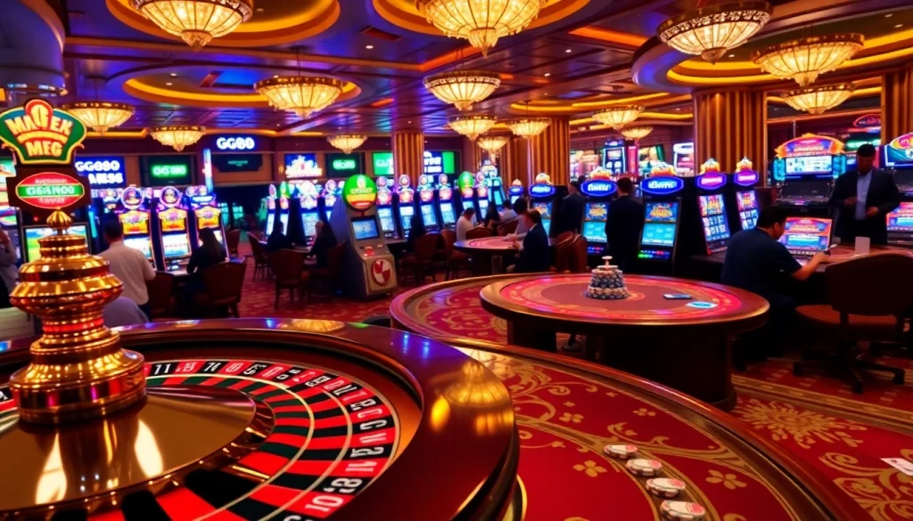 Experience the thrilling atmosphere of GG88 with vibrant casino games, excited players, and luxury.