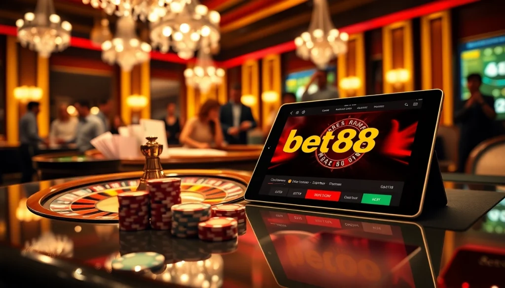 Bet88 players celebrate wins at an elegant casino table with poker chips and roulette.