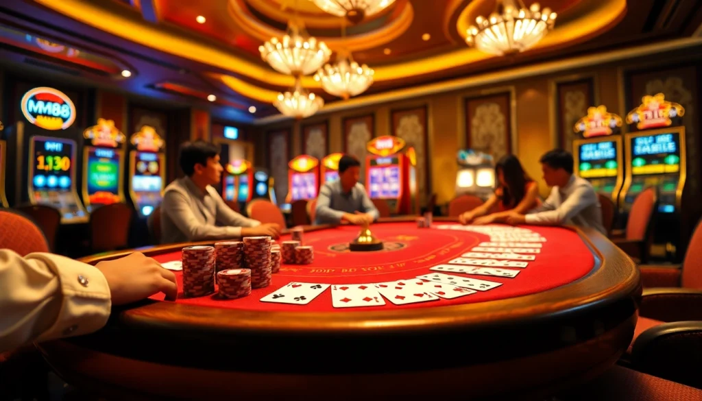 Experience the thrill of gaming at MM88's luxurious casino with vibrant slot machines and poker tables.