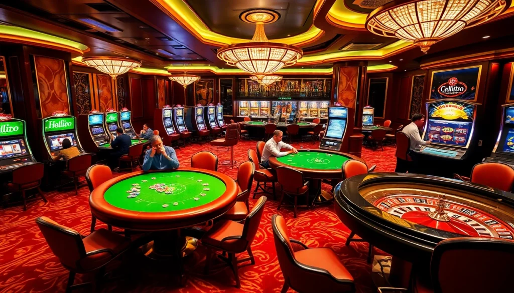 Engaging players at hello88 vina poker tables amidst a luxurious casino atmosphere.
