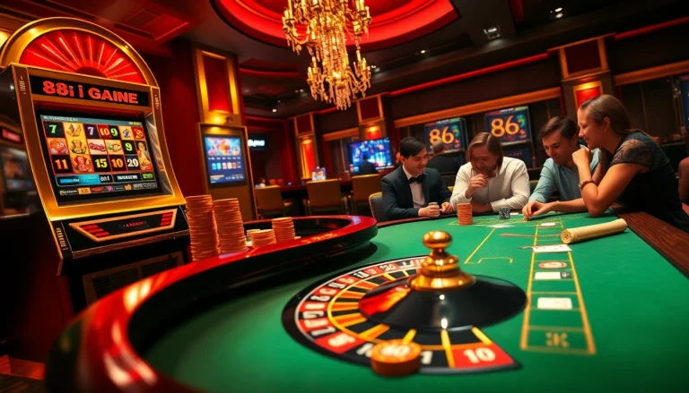Players enjoying a thrilling moment at an 88i game table, surrounded by vibrant casino atmosphere.
